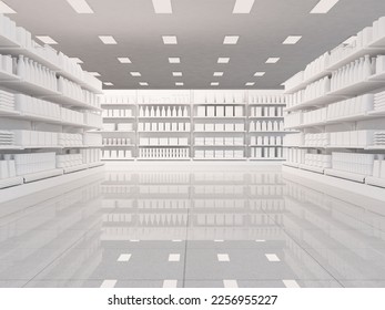 Interior de un supermercado con estanterías para productos variados. 3.ª ilustración de representación