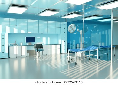 Interior of surgeon office. Medical clinic. Room with therapist workplace. Surgical lamp near couch. Imaging surgeon office. Clinic for treating patients. Surgeon office with computer. 3d image - Powered by Shutterstock