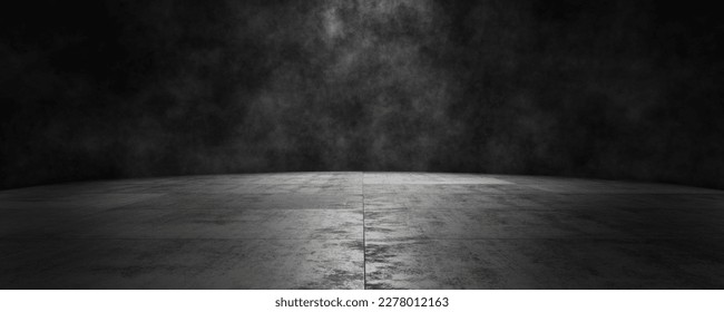 Interior template for pdoruct presentation. Empty dark abstract industrial cement wall studio interior for product display on concrete wall background 3d rendering. Scary dark walls, slightly light