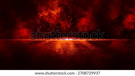  Interior texture for display products wall.Red empty dark  scene with light and smoke.