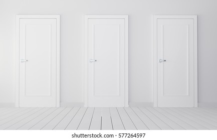 Interior With Three White Closed Doors. 3d Rendering