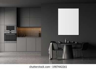 Interior Of Trendy Gray Kitchen Featuring Cabinets, Built In Sink And Cooker And Cupboards Hanging Above Them. Round Dining Table. Blurry Cityscape. Concept Of Cooking And Home. 3d Rendering Mock Up