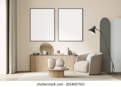 Interior With Two Empty White Posters, Panoramic Window, Carpet, Parquet Flooring, Armchair, Coffee Table, Folding Screen, Lamp And Sideboard. Concept Of A Modern House Design. Mockup. 3d Rendering