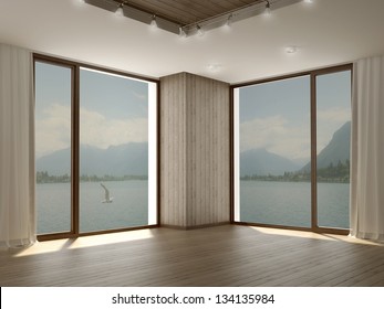M?odern interior with two large windows and interesting ceiling with wood decor
