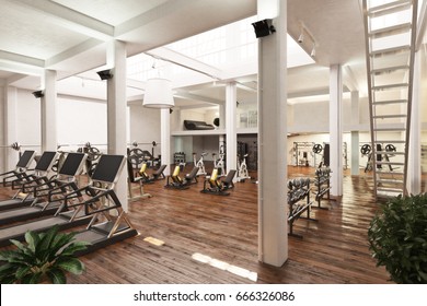 Interior Of An Upscale Cross Fit And Workout Gym . 3d Rendering