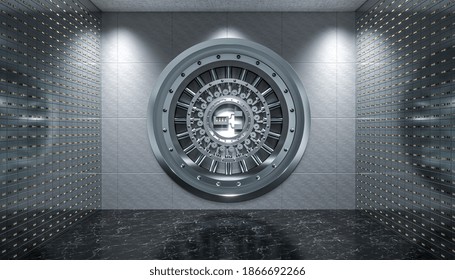 Interior Of A Vault With Steel Door And Safety Deposit Boxes, Black Marble Floor. 3d Render.