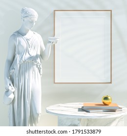 Interior Vertical Orientation Poster Mockup With Wooden Wall Frame With Antique Greek Sculpture Of Goddess Hebe And Gold Elements On Empty White Wall Background. Natural Rendering, 3d Illustration