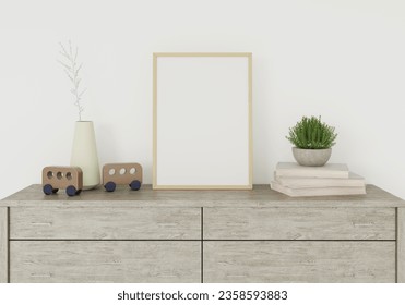 Interior vertical poster mockup with one vertical frame on a wooden shelf with plant and decor