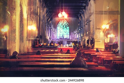 Interior View Of A Church,digital Painting,illustration