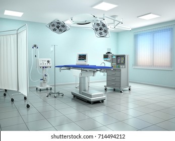 Interior view of the operating room in blue tone. 3d illustration