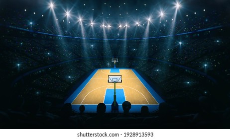 Interior View To Wooden Floor Of Basketball Court And Cheering Fan Crowd Around. Digital 3D Illustration Of Sport Background. My Own Design.