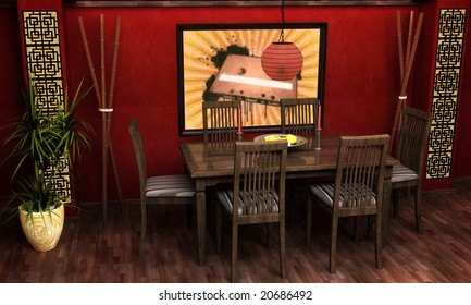 Interior Visualization Asian Themed Dining Room Stock Illustration