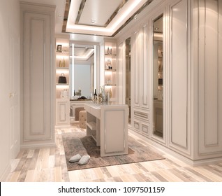 Interior walk-in closet, simple classic style, 3D rendering, 3D illustration