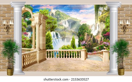 Interior. A Wall With Columns. Terrace With A View Of The Mountain Waterfall. Photo Wallpapers. Digital Wallpaper.