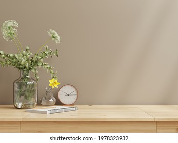 Interior Wall Mock Up With Flower Vase,dark Brown Wall And Wooden Shelf.3D Rendering