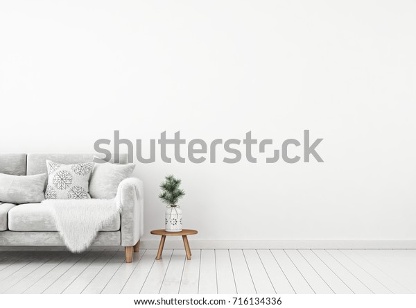 空の白い背景にビロードのソファ 枕 プレイド 松の枝を描いた内壁モックアップ 3dレンダリング のイラスト素材