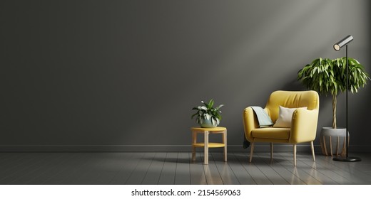 Interior Wall Mockup In Dark Tones With Yellow Armchair On Black Wall Background.3D Rendering