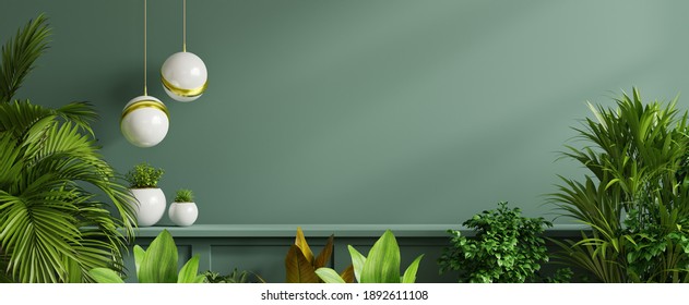 Interior Wall Mockup With Green Plant,Green Wall And Shelf.3D Rendering