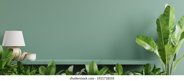 Interior Wall Mockup With Green Plant,Green Wall And Shelf.3D Rendering