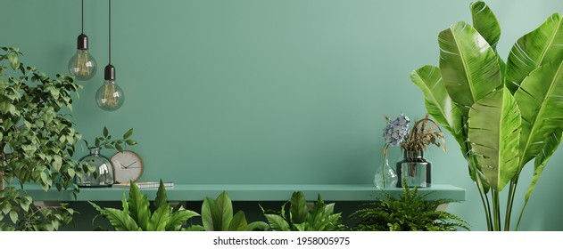 Interior Wall Mockup With Green Plant,Green Wall And Shelf.3D Rendering