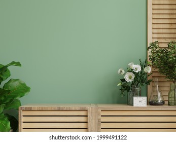 Interior Wall Mockup With Green Plant,Green Wall And Shelf.3D Rendering