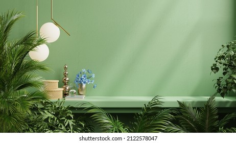 Interior Wall Mockup With Green Plant,Green Wall And Shelf.3D Rendering