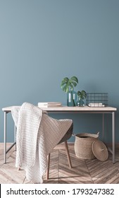 Interior Wall Mockup, Natural Wooden Home Office With Green Tree Branch In Vase And Gray Chair On Empty Blue Wall Background. 3d Render, 3d Illustration