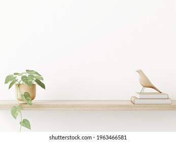 Interior Wall Mockup In Neutral Minimalist Scandi Style With Trailing Green Plant And Bird On Wooden Shaelf On Empty White Wall Background. Close Up View, 3d Rendering, 3d Illustration