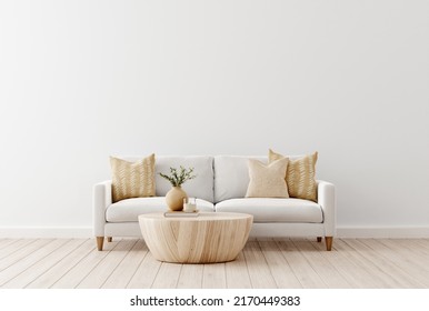 Interior Wall Mockup With Sofa And Beige Pillows On Empty White Living Room Background. 3D Rendering, Illustration.
