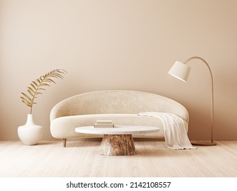 Interior wall mockup with soft minimalist living room in warm beige neutrals with curved low furnishing and natural materials. Illustration, 3d rendering.