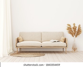 Interior Wall Mockup In Warm Tones With Beige Linen Sofa, Dried Pampas Grass, Woven Rug, Curtains And Boho Style Decoration In Living Room With Empty Wall Background. 3D Rendering, Illustration.
