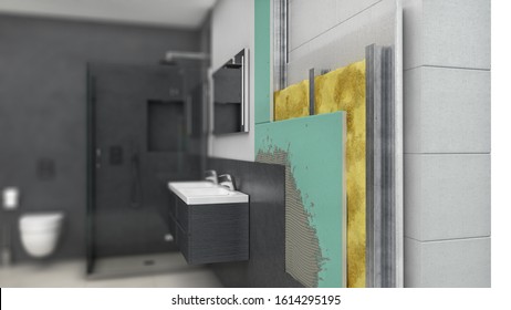 Interior Wall Thermal Insulation In Bathroom, 3d Illustration