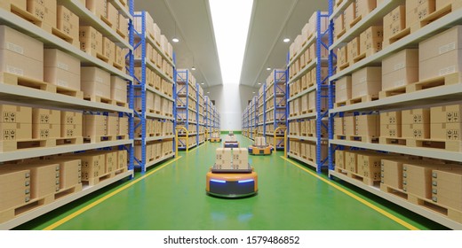 Interior Of Warehouse In Logistic Center With Automated Guided Vehicle Is A Delivery Vehicle,3d Rendering