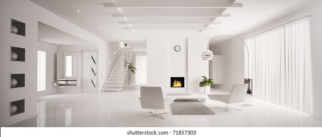 Interior of white apartment with fireplace and staircase 3d render