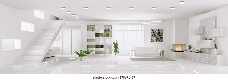 Interior of white apartment living room hall panorama 3d render