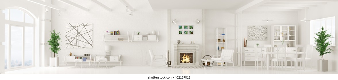 Interior Of White Apartment, Living Room, Dining Room, Lounge Area With Fireplace, Panorama 3d Rendering