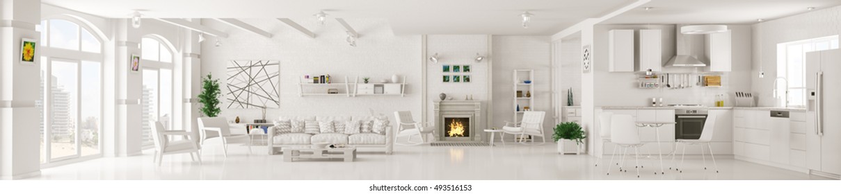 Interior of white apartment, living room, kitchen, lounge area with fireplace, panorama 3d rendering