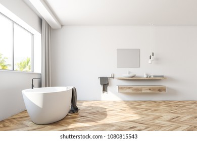 Interior of a white bathroom with a wooden floor, a large window with gray curtains, a white bathtub and a sink. 3d rendering