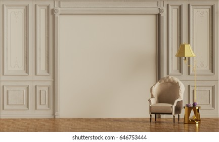 Interior With White Classic Armchair And Gold Lamp In The Living Room And Coffee Table In Gold Color, Clean White Wall, 3D Rendering