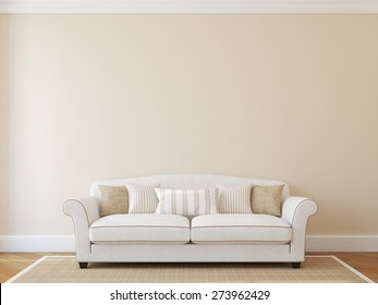 Interior With White Classic Couch Near Empty Beige Wall. 3d Render.