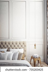 Interior of white, gold and beige cozy bedroom, interior background, 3D illustration