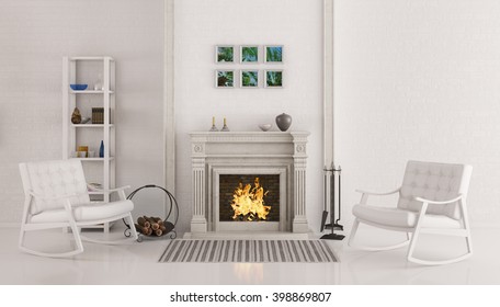 Interior Of White Living Room With Fireplace And Two Rocking Chairs 3d Render