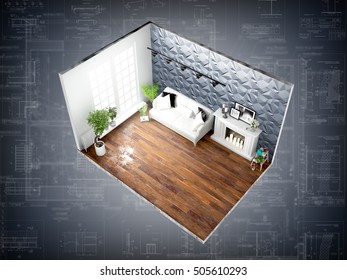 Interior without walls. 3D rendering