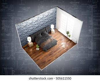 Interior without walls. 3D rendering