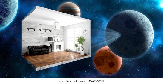 Interior without walls. 3D rendering