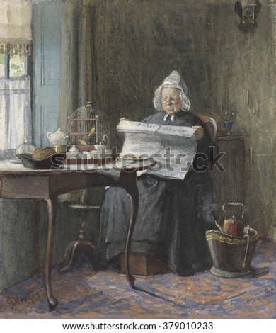 Interior with a Woman Reading the Newspaper, by Gerke Henkes, 1875-1900, Dutch watercolor. Elderly woman at her table with caged bird and teapot.