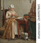 Interior with Woman Sewing (c 1800 - c 1810) by Wybrand Hendriks. Vintage oil painting. Beautiful old artwork, oil painting. Vintage illustration.