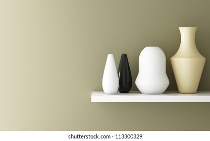 Interior of yellow ochre wall and ceramic on shelf decorated, 3d rendering