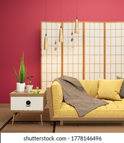 Interior With Yellow Velvet Sofa On Empty Red Wall Background, 3D Rendering