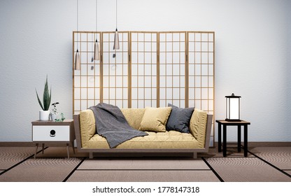 Interior With Yellow Velvet Sofa On Empty White Wall Background Room Japan Style, 3D Rendering